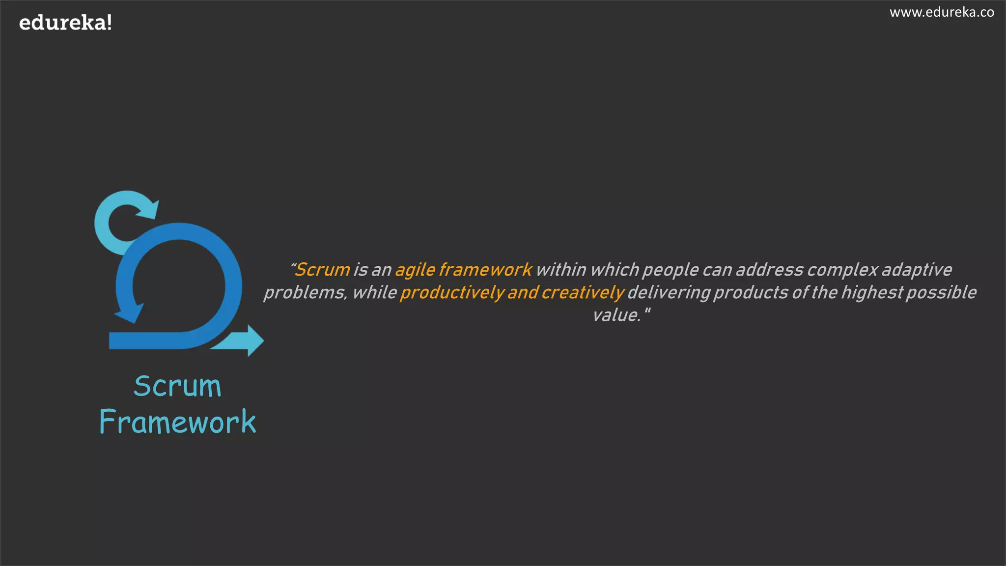 www.edureka.co
“Scrum is an agile framework within which people can address complex adaptive
problems, while productively and creatively delivering products of the highest possible
value."
Scrum
Framework
www.edureka.co
 