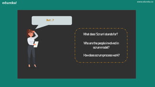 But…?
Whatdoes‘Scrum’standsfor?
Whoarethepeopleinvolvedin
scrummodel?
Howdoesscrumprocesswork?
www.edureka.co
 