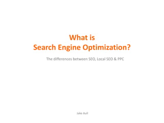 Jake Aull
What is
Search Engine Optimization?
The differences between SEO, Local SEO & PPC
 