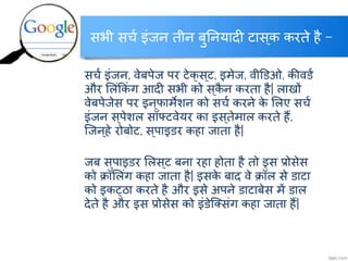 सभी सर्च इंजन तीन बुननयादी टास्क करते है –
सर्च इंजन, वेबपेज पर टेक्स्ट, इमेज, वीड्ओ, कीव्च
और ललंककं ग आदी सभी को स्कै न करता है| लाखों
वेबपेजेस पर इन्फामेशन को सर्च करने के ललए सर्च
इंजन स ्पेशल सॉफ्टवेयर का इस्तेमाल करते हैं,
क्जन्हे रोबोट, स्पाइ्र कहा जाता है|
जब स्पाइ्र ललस्ट बना रहा होता है तो इस प्रोसेस
को क्रॉललंग कहा जाता है| इसके बाद वे क्रॉल से ्ाटा
को इकट्ठा करते है और इसे अपने ्ाटाबेस में ्ाल
देते है और इस प्रोसेस को इं्ेक्लसंग कहा जाता हैं|
http://www.itkhoj.com/
अधिक जानकारी के क्ललक करें …..
 