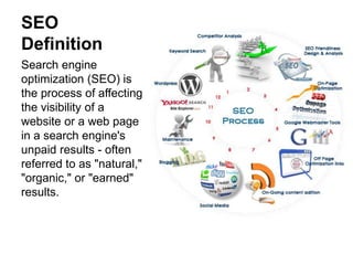 SEO
Definition
Search engine
optimization (SEO) is
the process of affecting
the visibility of a
website or a web page
in a search engine's
unpaid results - often
referred to as "natural,"
"organic," or "earned"
results.
 