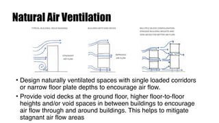 Natural Air Ventilation
• Design naturally ventilated spaces with single loaded corridors
or narrow floor plate depths to encourage air flow.
• Provide void decks at the ground floor, higher floor-to-floor
heights and/or void spaces in between buildings to encourage
air flow through and around buildings. This helps to mitigate
stagnant air flow areas
 