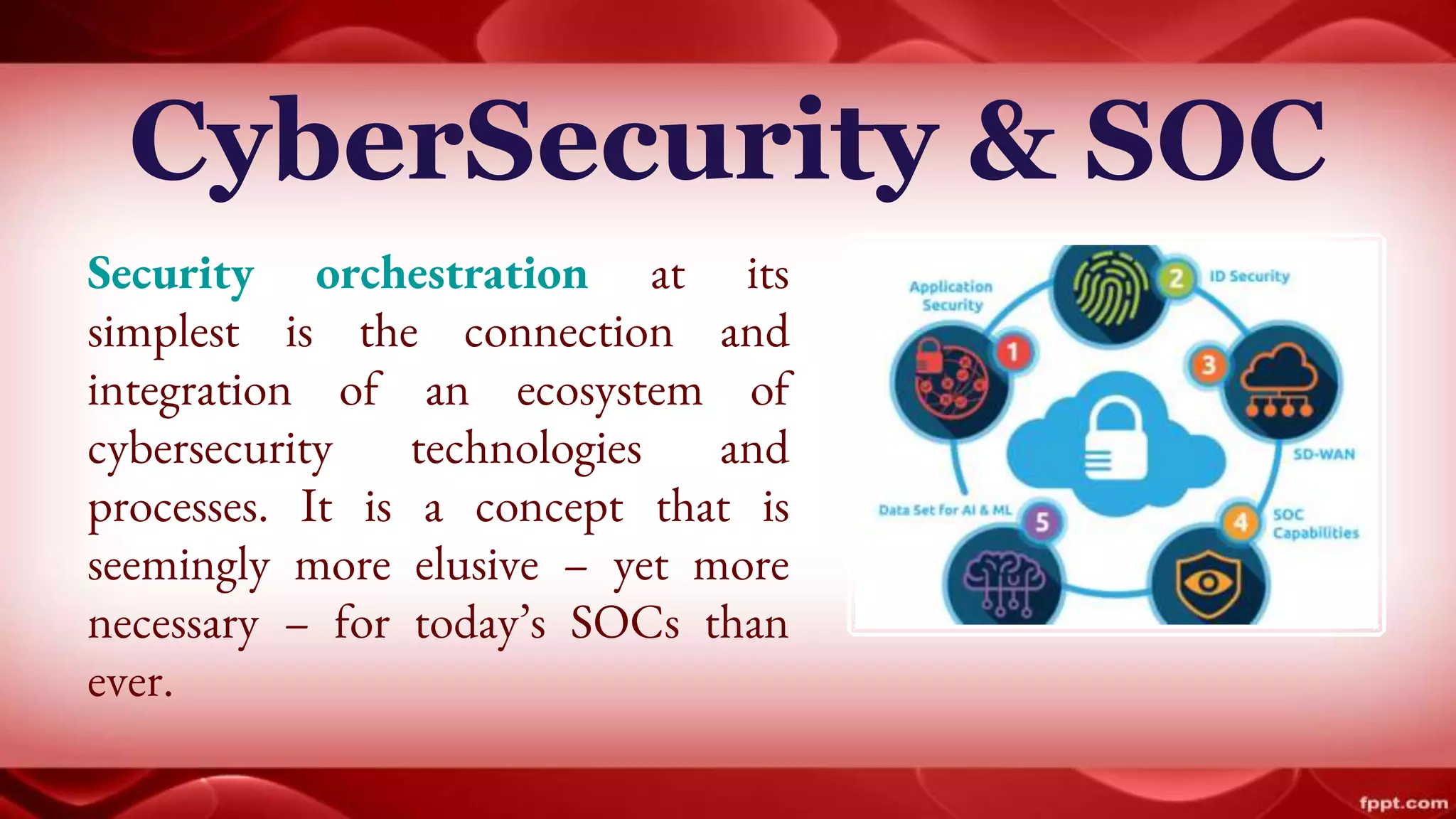 CyberSecurity & SOC
Security orchestration at its
simplest is the connection and
integration of an ecosystem of
cybersecurity technologies and
processes. It is a concept that is
seemingly more elusive – yet more
necessary – for today’s SOCs than
ever.
 