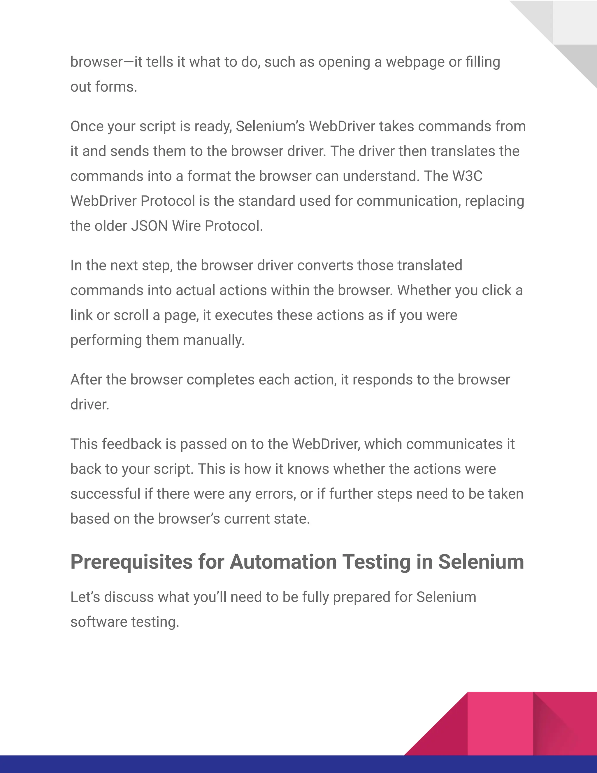 browser—it tells it what to do, such as opening a webpage or filling
out forms.
Once your script is ready, Selenium’s WebDriver takes commands from
it and sends them to the browser driver. The driver then translates the
commands into a format the browser can understand. The W3C
WebDriver Protocol is the standard used for communication, replacing
the older JSON Wire Protocol.
In the next step, the browser driver converts those translated
commands into actual actions within the browser. Whether you click a
link or scroll a page, it executes these actions as if you were
performing them manually.
After the browser completes each action, it responds to the browser
driver.
This feedback is passed on to the WebDriver, which communicates it
back to your script. This is how it knows whether the actions were
successful if there were any errors, or if further steps need to be taken
based on the browser’s current state.
Prerequisites for Automation Testing in Selenium
Let’s discuss what you’ll need to be fully prepared for Selenium
software testing.
 