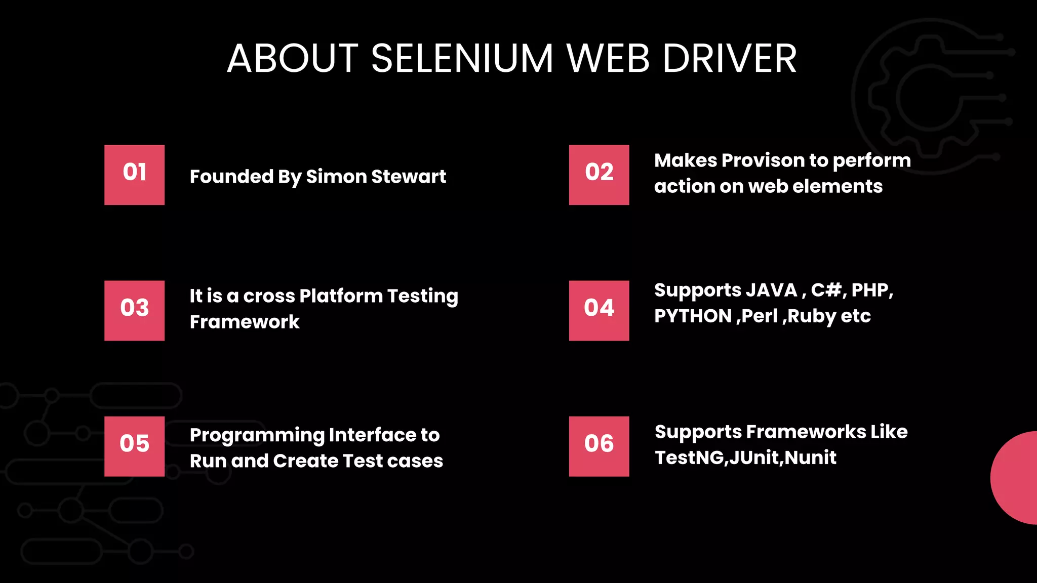 01 Founded By Simon Stewart 02
Makes Provison to perform
action on web elements
03
It is a cross Platform Testing
Framework
04
Supports JAVA , C#, PHP,
PYTHON ,Perl ,Ruby etc
05 Programming Interface to
Run and Create Test cases
06
Supports Frameworks Like
TestNG,JUnit,Nunit
ABOUT SELENIUM WEB DRIVER
 
