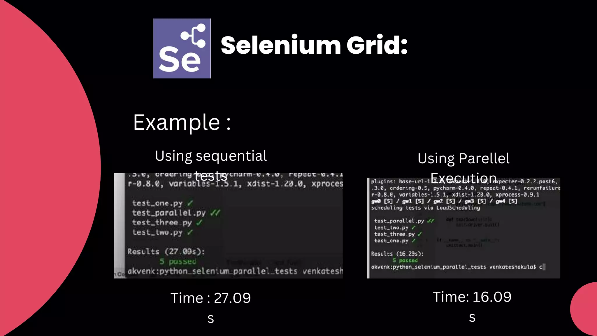 Selenium Grid:
Example :
Using sequential
tests
Time : 27.09
s
Using Parellel
Execution
Time: 16.09
s
 