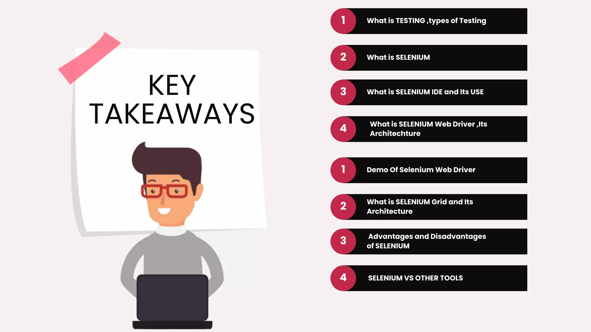 KEY
TAKEAWAYS
What is TESTING ,types of Testing
1
What is SELENIUM
2
What is SELENIUM IDE and Its USE
3
4 What is SELENIUM Web Driver ,Its
Architechture
Demo Of Selenium Web Driver
1
What is SELENIUM Grid and Its
Architecture
2
Advantages and Disadvantages
of SELENIUM
3
4 SELENIUM VS OTHER TOOLS
 