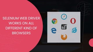 SELENIUM WEB DRIVER
WORKS ON ALL
DIFFERENT KIND OF
BROWSERS
 