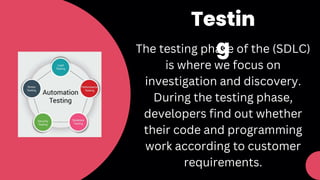 The testing phase of the (SDLC)
is where we focus on
investigation and discovery.
During the testing phase,
developers find out whether
their code and programming
work according to customer
requirements.
Testin
g
 