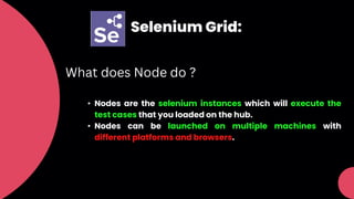 Selenium Grid:
What does Node do ?
• Nodes are the selenium instances which will execute the
test cases that you loaded on the hub.
• Nodes can be launched on multiple machines with
different platforms and browsers.
 