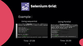 Selenium Grid:
Example :
Using sequential
tests
Time : 27.09
s
Using Parellel
Execution
Time: 16.09
s
 