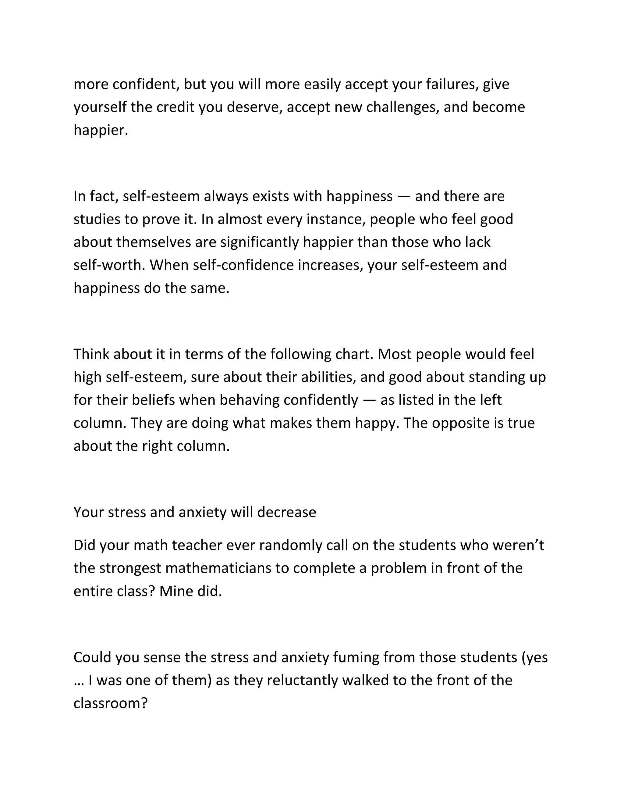 more confident, but you will more easily accept your failures, give
yourself the credit you deserve, accept new challenges, and become
happier.
In fact, self-esteem always exists with happiness — and there are
studies to prove it. In almost every instance, people who feel good
about themselves are significantly happier than those who lack
self-worth. When self-confidence increases, your self-esteem and
happiness do the same.
Think about it in terms of the following chart. Most people would feel
high self-esteem, sure about their abilities, and good about standing up
for their beliefs when behaving confidently — as listed in the left
column. They are doing what makes them happy. The opposite is true
about the right column.
Your stress and anxiety will decrease
Did your math teacher ever randomly call on the students who weren’t
the strongest mathematicians to complete a problem in front of the
entire class? Mine did.
Could you sense the stress and anxiety fuming from those students (yes
… I was one of them) as they reluctantly walked to the front of the
classroom?
 