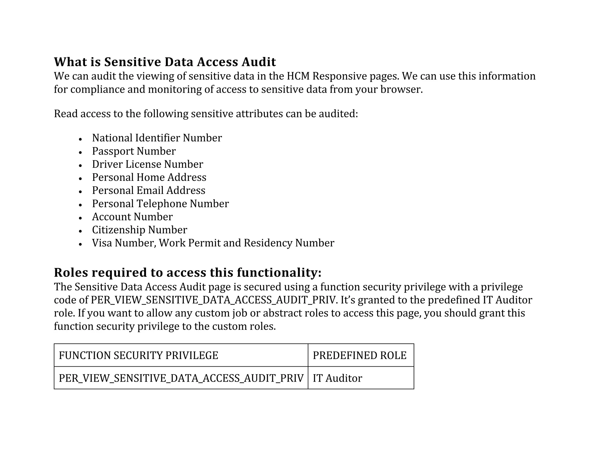 What	is	Sensitive	Data	Access	Audit	
We	can	audit	the	viewing	of	sensitive	data	in	the	HCM	Responsive	pages.	We	can	use	this	information	
for	compliance	and	monitoring	of	access	to	sensitive	data	from	your	browser.	
Read	access	to	the	following	sensitive	attributes	can	be	audited:	
• National	Identifier	Number	
• Passport	Number	
• Driver	License	Number	
• Personal	Home	Address	
• Personal	Email	Address	
• Personal	Telephone	Number	
• Account	Number	
• Citizenship	Number	
• Visa	Number,	Work	Permit	and	Residency	Number	
	
Roles	required	to	access	this	functionality:	
The	Sensitive	Data	Access	Audit	page	is	secured	using	a	function	security	privilege	with	a	privilege	
code	of	PER_VIEW_SENSITIVE_DATA_ACCESS_AUDIT_PRIV.	It’s	granted	to	the	predefined	IT	Auditor	
role.	If	you	want	to	allow	any	custom	job	or	abstract	roles	to	access	this	page,	you	should	grant	this	
function	security	privilege	to	the	custom	roles.	
FUNCTION	SECURITY	PRIVILEGE	 PREDEFINED	ROLE	
PER_VIEW_SENSITIVE_DATA_ACCESS_AUDIT_PRIV	 IT	Auditor	
	
 