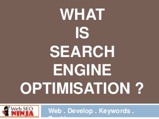 WHAT
IS
SEARCH
ENGINE
OPTIMISATION ?
Web . Develop . Keywords .

 
