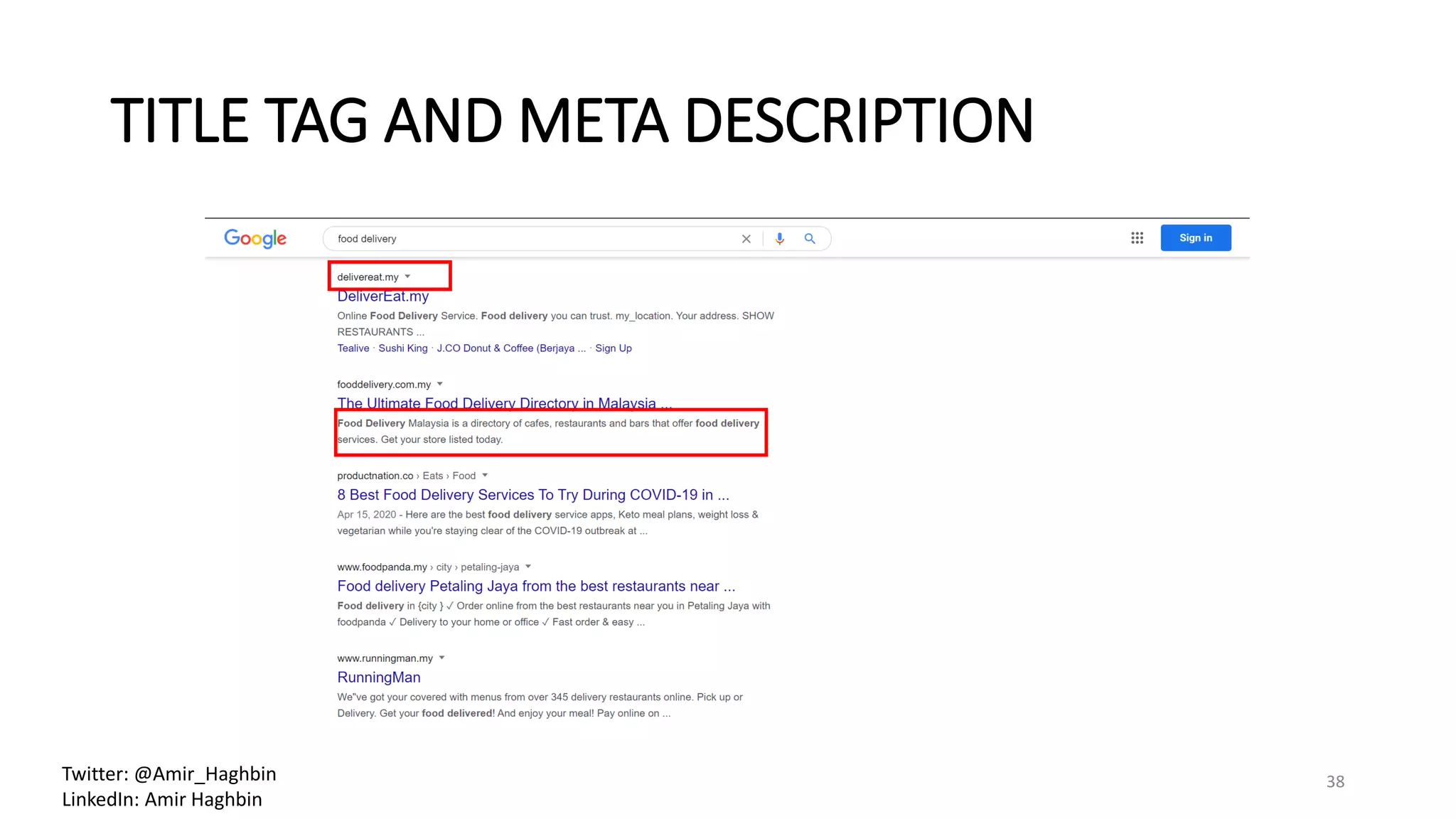 TITLE TAG AND META DESCRIPTION
38Twitter: @Amir_Haghbin
LinkedIn: Amir Haghbin
 