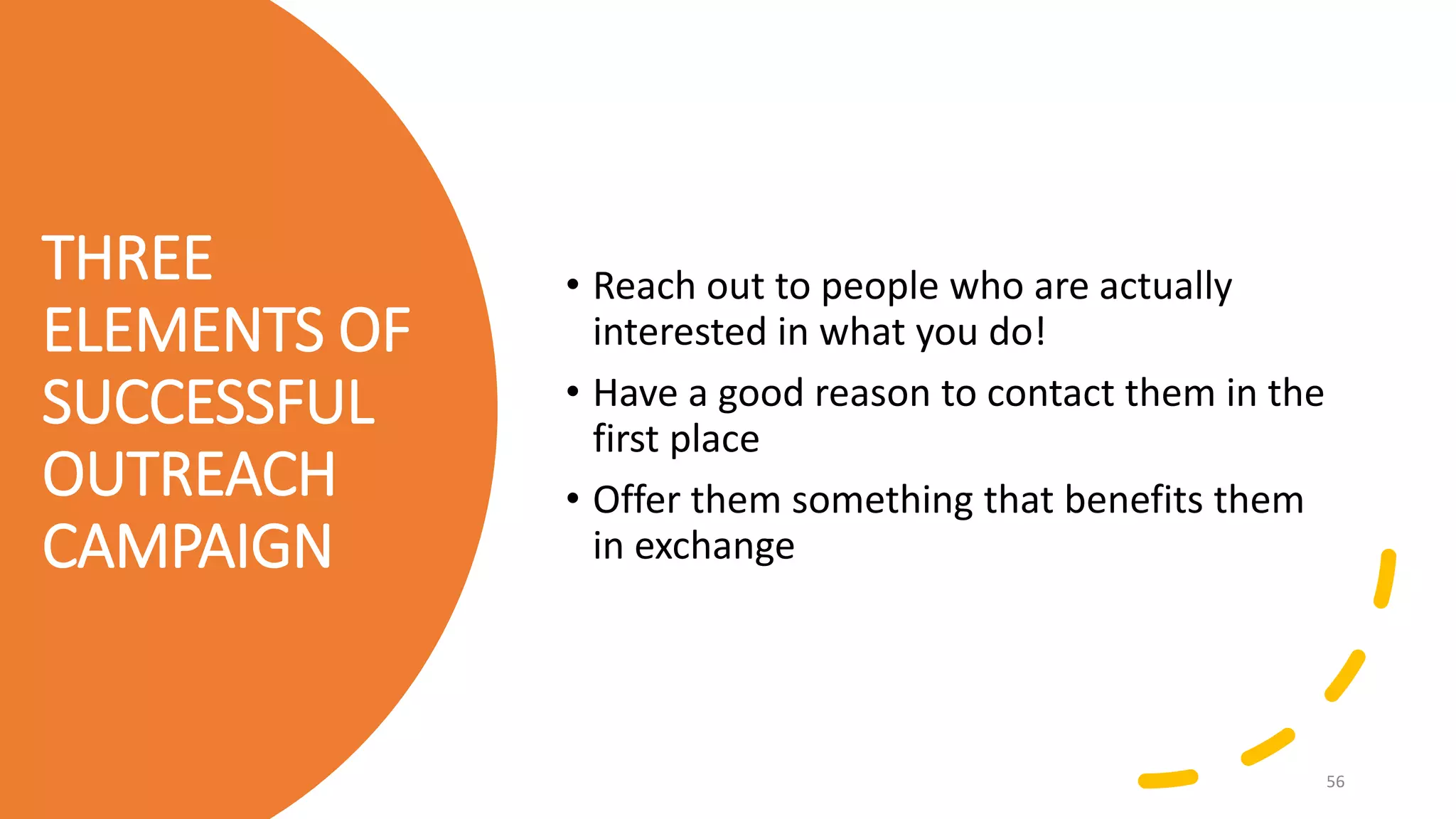 THREE
ELEMENTS OF
SUCCESSFUL
OUTREACH
CAMPAIGN
• Reach out to people who are actually
interested in what you do!
• Have a good reason to contact them in the
first place
• Offer them something that benefits them
in exchange
56
 