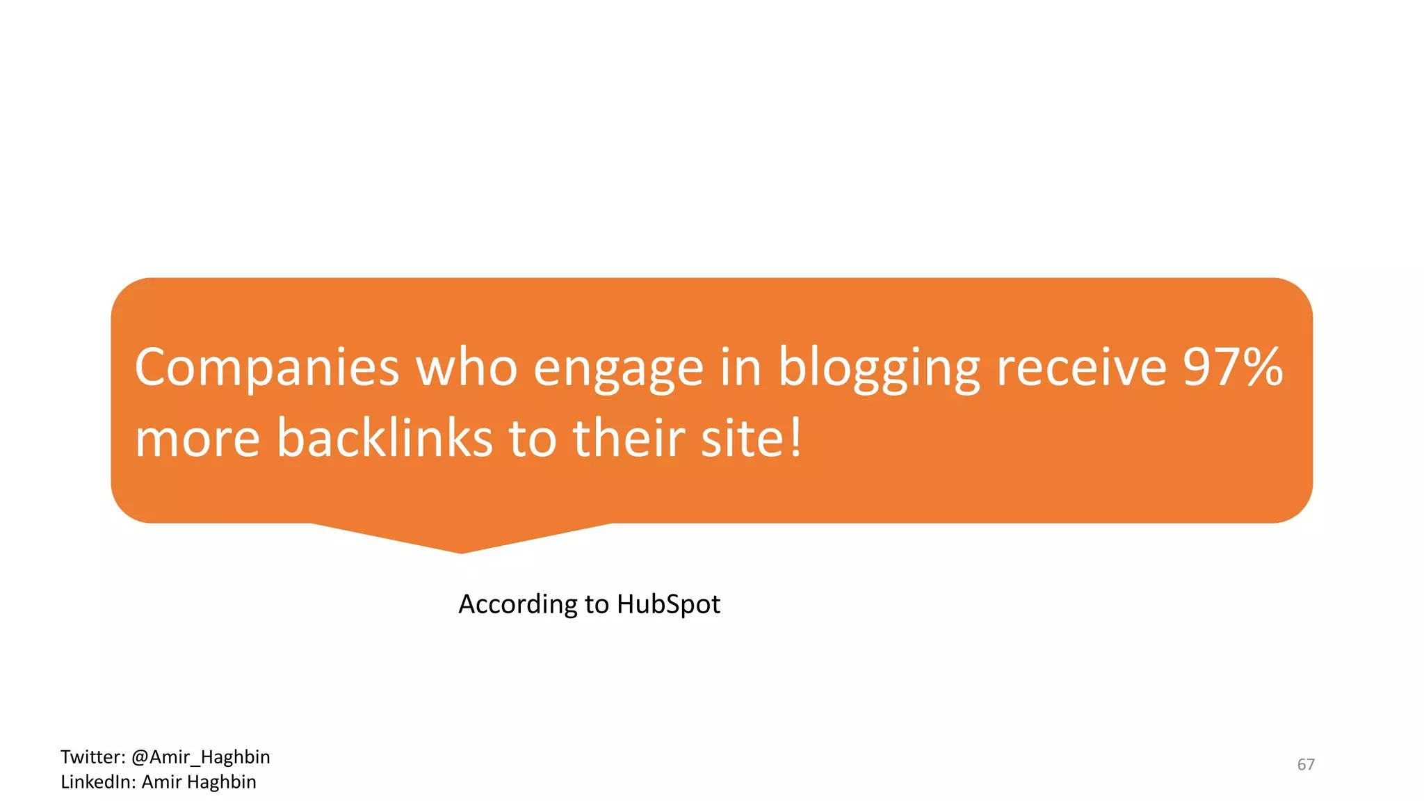 Companies who engage in blogging receive 97%
more backlinks to their site!
According to HubSpot
67Twitter: @Amir_Haghbin
LinkedIn: Amir Haghbin
 
