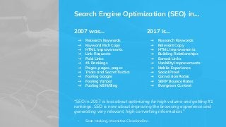 2017 is...
➜ Research Keywords
➜ Relevant Copy
➜ HTML Improvements
➜ Building Relationships
➜ Earned Links
➜ Usability Improvements
➜ Mobile Experience
➜ Social Proof
➜ Conversion Rates
➜ SERP Bounce Rates
➜ Evergreen Content
“SEO in 2017 is less about optimizing for high volume and getting #1
rankings. SEO is now about improving the browsing experience and
generating very relevant, high converting information.”
- Sean Hecking, Interactive Cleveland Inc.
Search Engine Optimization (SEO) in...
2007 was...
➜ Research Keywords
➜ Keyword Rich Copy
➜ HTML Improvements
➜ Link Requests
➜ Paid Links
➜ #1 Rankings
➜ Pages, pages, pages
➜ Tricks and Secret Tactics
➜ Fooling Google
➜ Fooling Yahoo!
➜ Fooling MSN/Bing
 