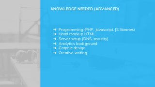 ➜ Programming (PHP, Javascript, JS libraries)
➜ Hand markup HTML
➜ Server setup (DNS, security)
➜ Analytics background
➜ Graphic design
➜ Creative writing
KNOWLEDGE NEEDED (ADVANCED)
 