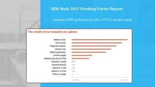 SEM Rush 2017 Ranking Factor Report
Validates SERP performance, links, HTTPS, content depth
 