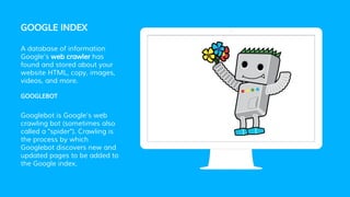 GOOGLE INDEX
A database of information
Google’s web crawler has
found and stored about your
website HTML, copy, images,
videos, and more.
GOOGLEBOT
Googlebot is Google's web
crawling bot (sometimes also
called a "spider"). Crawling is
the process by which
Googlebot discovers new and
updated pages to be added to
the Google index.
Place your screenshot here
 
