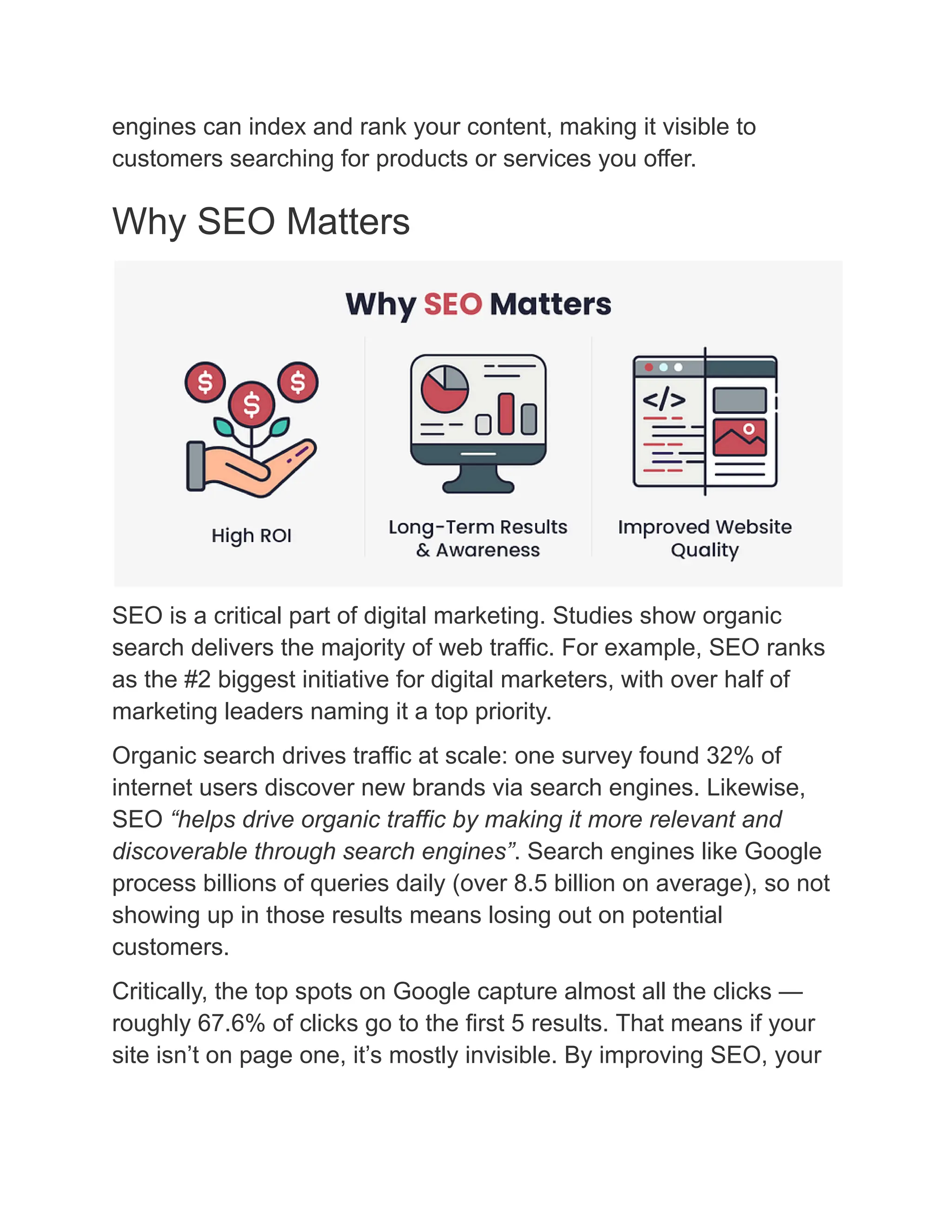 engines can index and rank your content, making it visible to
customers searching for products or services you offer.
Why SEO Matters
SEO is a critical part of digital marketing. Studies show organic
search delivers the majority of web traffic. For example, SEO ranks
as the #2 biggest initiative for digital marketers, with over half of
marketing leaders naming it a top priority.
Organic search drives traffic at scale: one survey found 32% of
internet users discover new brands via search engines. Likewise,
SEO “helps drive organic traffic by making it more relevant and
discoverable through search engines”. Search engines like Google
process billions of queries daily (over 8.5 billion on average), so not
showing up in those results means losing out on potential
customers.
Critically, the top spots on Google capture almost all the clicks —
roughly 67.6% of clicks go to the first 5 results. That means if your
site isn’t on page one, it’s mostly invisible. By improving SEO, your
 
