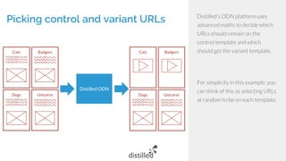 Cats
Dogs Unicorns
Badgers Cats Badgers
Dogs Unicorns
Distilled ODN
Distilled’s ODN platform uses
advanced maths to decide which
URLs should remain on the
control template and which
should get the variant template.
For simplicity in this example, you
can think of this as selecting URLs
at random to be on each template.
Picking control and variant URLs
 
