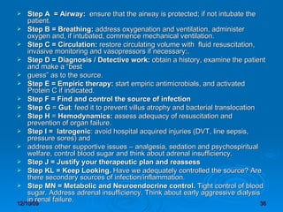 Step A  = Airway:   ensure that the airway is protected; if not intubate the patient. Step B = Breathing:  address oxygenation and ventilation, administer oxygen and, if intubated, commence mechanical ventilation. Step C = Circulation:  restore circulating volume with  fluid resuscitation, invasive monitoring and vasopressors if necessary:. Step D = Diagnosis / Detective work:  obtain a history, examine the patient and make a “best   guess” as to the source. Step E = Empiric therapy:  start empiric antimicrobials, and activated Protein C if indicated. Step F = Find and control the source of infection Step G  =  Gut : feed it to prevent villus atrophy and bacterial translocation Step H  =  Hemodynamics:  assess adequacy of resuscitation and prevention of organ failure. Step I =  Iatrogenic : avoid hospital acquired injuries (DVT, line sepsis, pressure sores) and  address other supportive issues – analgesia, sedation and psychospiritual welfare, control blood sugar and think about adrenal insufficiency. Step J = Justify your therapeutic plan and reassess Step KL = Keep Looking.  Have we adequately controlled the source? Are there secondary sources of infection/inflammation. Step MN = Metabolic and Neuroendocrine control.  Tight control of blood sugar. Address adrenal insufficiency. Think about early aggressive dialysis in renal failure.  