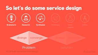 Problem Solution
diverge converge diverge converge
So let’s do some service design
Brainstorm Research Synthesise Prototype Test/
validate
Refine
4. Let’s do some service design
 