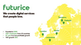We create digital services
that people love.
• Founded in 2000
• 250+ employees from 19 countries
• 8th year in a row profitable growth
• YOY growth 30%
 