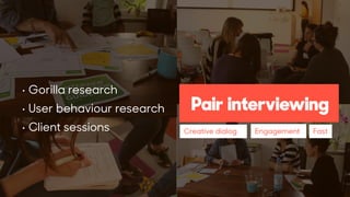 • Gorilla research
• User behaviour research
• Client sessions Creative dialog FastEngagement
xc
Pair interviewing
 