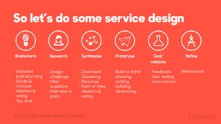 So let’s do some service design
• Refine/pivot• Design
challenge
• Killer
questions
• Interview in
pairs
• Download
• Clus...
