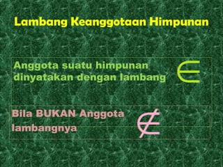 Lambang Keanggotaan Himpunan


Anggota suatu himpunan
dinyatakan dengan lambang


Bila BUKAN Anggota
lambangnya
 