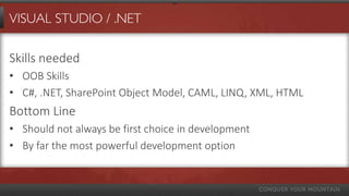 VISUAL STUDIO / .NET

Skills needed
• OOB Skills
• C#, .NET, SharePoint Object Model, CAML, LINQ, XML, HTML
Bottom Line
• Should not always be first choice in development
• By far the most powerful development option
 