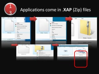 Applications come in . XAP  (Zip) files 13 