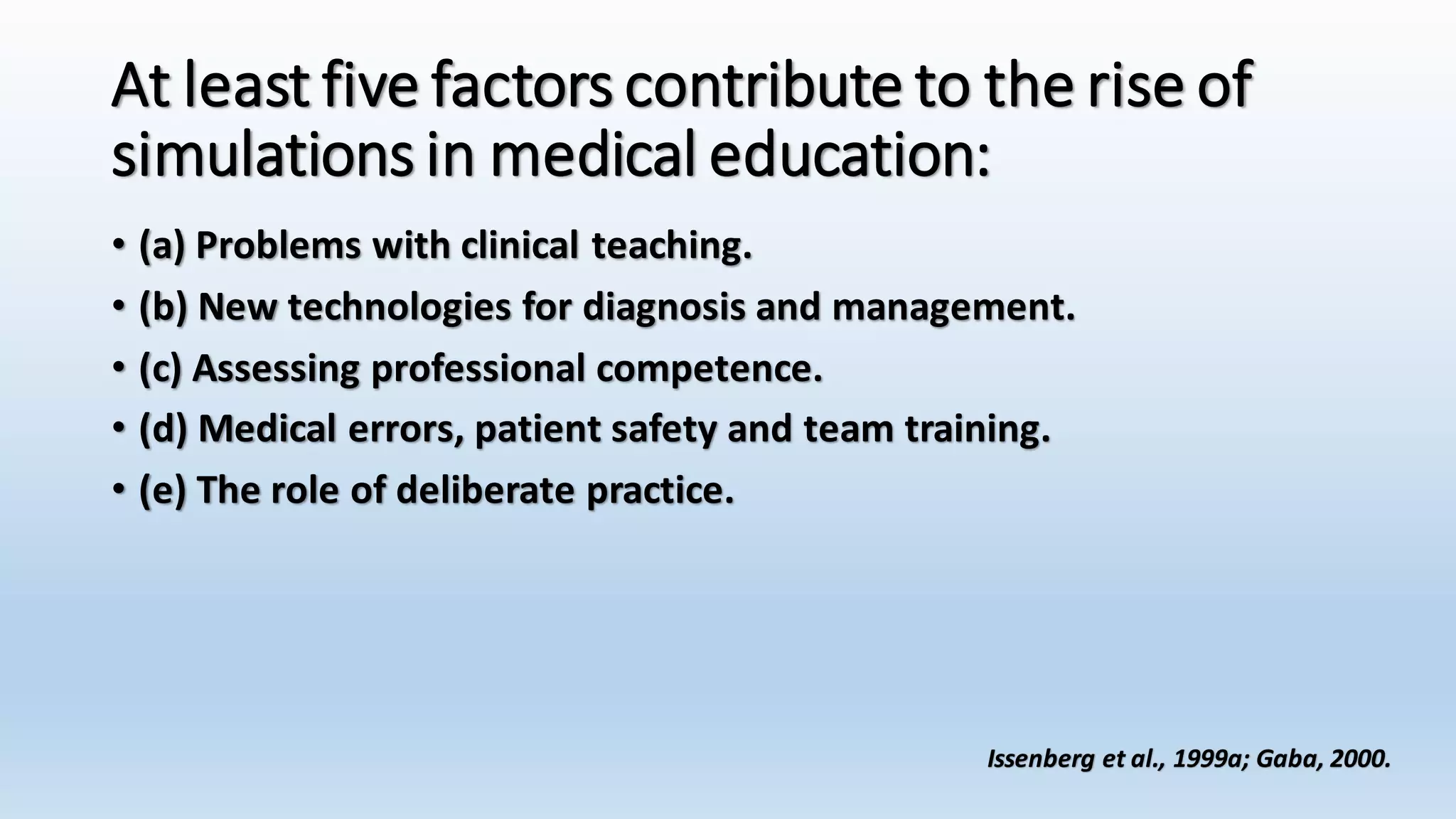 At least five factors contribute to the rise of 
simulations in medical education: 
• (a) Problems with clinical teaching. 
• (b) New technologies for diagnosis and management. 
• (c) Assessing professional competence. 
• (d) Medical errors, patient safety and team training. 
• (e) The role of deliberate practice. 
Issenberg et al., 1999a; Gaba, 2000. 
 