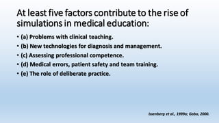 At least five factors contribute to the rise of 
simulations in medical education: 
• (a) Problems with clinical teaching. 
• (b) New technologies for diagnosis and management. 
• (c) Assessing professional competence. 
• (d) Medical errors, patient safety and team training. 
• (e) The role of deliberate practice. 
Issenberg et al., 1999a; Gaba, 2000. 
 