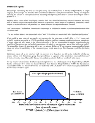 What is Six Sigma?

The concepts surrounding the drive to Six Sigma quality are essentially those of statistics and probability. In simple
language, these concepts boil down to, “How confident can I be that what I planned to happen actually will happen?”
Basically, the concept of Six Sigma deals with measuring and improving how close we come to delivering on what we
planned to do.

Anything we do varies, even if only slightly, from the plan. Since no result can exactly match our intention, we usually
think in terms of ranges of acceptability for whatever we plan to do. Those ranges of acceptability (or tolerance limits)
respond to the intended use of the product of our labors–the needs and expectations of the customer.

Here’s an example. Consider how your tolerance limits might be structured to respond to customer expectations in these
two instructions:

“Cut two medium potatoes into quarter-inch cubes.” and “Drill and tap two quarter-inch holes in carbon steel brackets.”

What would be your range of acceptability–or tolerances–for the value quarter-inch? (Hint: a 5/16” potato cube
probably would be acceptable; a 5/16”threaded hole probably would not.)Another consideration in your manufacture
of potato cubes and holes would be the inherent capability of the way you produce the quarter inch dimension–the
capability of the process. Are you hand-slicing potatoes with a knife or are you using a special slicer with preset blades?
Are you drilling holes with a portable drill or are you using a drill press? If we measured enough completed potato
cubes and holes, the capabilities of the various processes would speak to us. Their language would be distribution
curves.

Distribution curves tell us not only how well our processes have done; they also tell us the probability of what our
process will do next. Statisticians group those probabilities in segments of the distribution curve called standard
deviations from the mean. The symbol they use for standard deviation is the lower-case Greek letter sigma.

For any process with a standard distribution (something that looks like a bell-shaped curve), the probability is 68.26%
that the next value will be within one standard deviation from the mean. The probability is 95.44% that the same next
value will fall within two standard deviations. The probability is 99.73% that it will be within three sigma; and 99.994%
that it will be within four sigma.


                                     Four sigma design specification width




         Few Defects                                                                              Few Defects
      (about 60 DPMO)                                                                          (about 60 DPMO)



      -6σ      -5σ     -4σ     -3σ      -2σ     -1σ      0      1σ      2σ       3σ       4σ       5σ      6σ
                 Standard distribution curve with mean, sigma values and
                                  four sigma tolerances.
                       DPMO = Defect Per Million Opportunities
 