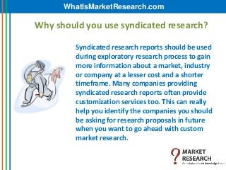 WhatIsMarketResearch.com

Why should you use syndicated research?

         Syndicated research reports should be used
         during exploratory research process to gain
         more information about a market, industry
         or company at a lesser cost and a shorter
         timeframe. Many companies providing
         syndicated research reports often provide
         customization services too. This can really
         help you identify the companies you should
         be asking for research proposals in future
         when you want to go ahead with custom
         market research.
 