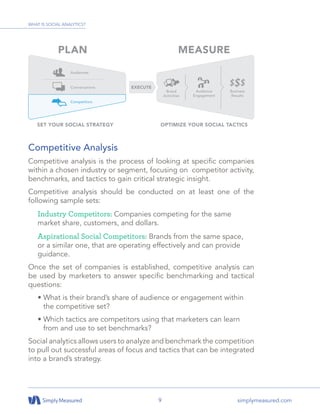 9 simplymeasured.com
Competitive Analysis
Competitive analysis is the process of looking at specific companies
within a chosen industry or segment, focusing on competitor activity,
benchmarks, and tactics to gain critical strategic insight.
Competitive analysis should be conducted on at least one of the
following sample sets:
Industry Competitors: Companies competing for the same
market share, customers, and dollars.
Aspirational Social Competitors: Brands from the same space,
or a similar one, that are operating effectively and can provide
guidance.
Once the set of companies is established, competitive analysis can
be used by marketers to answer specific benchmarking and tactical
questions:
• What is their brand’s share of audience or engagement within
the competitive set?
• Which tactics are competitors using that marketers can learn
from and use to set benchmarks?
Social analytics allows users to analyze and benchmark the competition
to pull out successful areas of focus and tactics that can be integrated
into a brand’s strategy.
WHAT IS SOCIAL ANALYTICS?
 