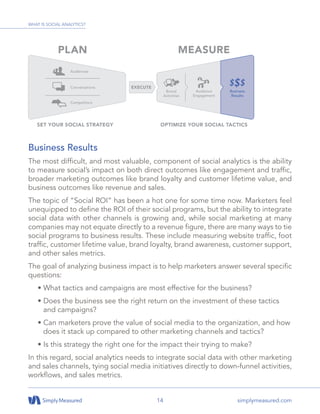 14 simplymeasured.com
Business Results
The most difficult, and most valuable, component of social analytics is the ability
to measure social’s impact on both direct outcomes like engagement and traffic,
broader marketing outcomes like brand loyalty and customer lifetime value, and
business outcomes like revenue and sales.
The topic of “Social ROI” has been a hot one for some time now. Marketers feel
unequipped to define the ROI of their social programs, but the ability to integrate
social data with other channels is growing and, while social marketing at many
companies may not equate directly to a revenue figure, there are many ways to tie
social programs to business results. These include measuring website traffic, foot
traffic, customer lifetime value, brand loyalty, brand awareness, customer support,
and other sales metrics.
The goal of analyzing business impact is to help marketers answer several specific
questions:
• What tactics and campaigns are most effective for the business?
• Does the business see the right return on the investment of these tactics
and campaigns?
• Can marketers prove the value of social media to the organization, and how
does it stack up compared to other marketing channels and tactics?
• Is this strategy the right one for the impact their trying to make?
In this regard, social analytics needs to integrate social data with other marketing
and sales channels, tying social media initiatives directly to down-funnel activities,
workflows, and sales metrics.
WHAT IS SOCIAL ANALYTICS?
 