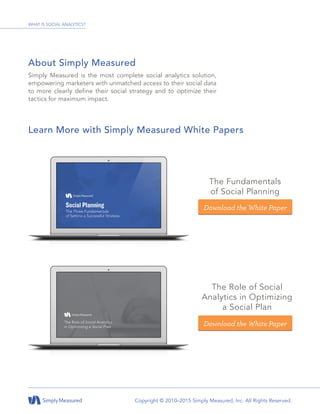 Simply Measured is the most complete social analytics solution,
empowering marketers with unmatched access to their social data
to more clearly define their social strategy and to optimize their
tactics for maximum impact.
About Simply Measured
Learn More with Simply Measured White Papers
Copyright © 2010–2015 Simply Measured, Inc. All Rights Reserved.
The Fundamentals
of Social Planning
The Role of Social
Analytics in Optimizing
a Social Plan
Download the White Paper
Download the White Paper
WHAT IS SOCIAL ANALYTICS?
 