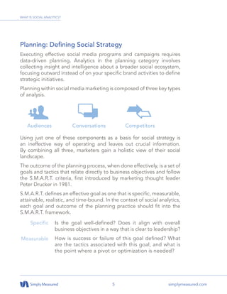 5 simplymeasured.com
Planning: Defining Social Strategy
Executing effective social media programs and campaigns requires
data-driven planning. Analytics in the planning category involves
collecting insight and intelligence about a broader social ecosystem,
focusing outward instead of on your specific brand activities to define
strategic initiatives.
Planning within social media marketing is composed of three key types
of analysis.
Using just one of these components as a basis for social strategy is
an ineffective way of operating and leaves out crucial information.
By combining all three, marketers gain a holistic view of their social
landscape.
The outcome of the planning process, when done effectively, is a set of
goals and tactics that relate directly to business objectives and follow
the S.M.A.R.T. criteria, first introduced by marketing thought leader
Peter Drucker in 1981.
S.M.A.R.T. defines an effective goal as one that is specific, measurable,
attainable, realistic, and time-bound. In the context of social analytics,
each goal and outcome of the planning practice should fit into the
S.M.A.R.T. framework.
Is the goal well-defined? Does it align with overall
business objectives in a way that is clear to leadership?
How is success or failure of this goal defined? What
are the tactics associated with this goal, and what is
the point where a pivot or optimization is needed?
Specific
Measurable
WHAT IS SOCIAL ANALYTICS?
Audiences Conversations Competitors
 