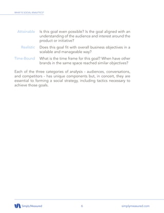 6 simplymeasured.com
Each of the three categories of analysis - audiences, conversations,
and competitors - has unique components but, in concert, they are
essential to forming a social strategy, including tactics necessary to
achieve those goals.
Is this goal even possible? Is the goal aligned with an
understanding of the audience and interest around the
product or initiative?
Does this goal fit with overall business objectives in a
scalable and manageable way?
What is the time frame for this goal? When have other
brands in the same space reached similar objectives?
Attainable
Realistic
Time-Bound
WHAT IS SOCIAL ANALYTICS?
 