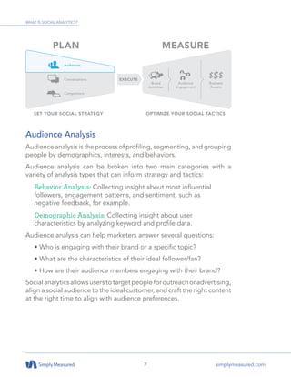 7 simplymeasured.com
Audience Analysis
Audience analysis is the process of profiling, segmenting, and grouping
people by demographics, interests, and behaviors.
Audience analysis can be broken into two main categories with a
variety of analysis types that can inform strategy and tactics:
Behavior Analysis: Collecting insight about most influential
followers, engagement patterns, and sentiment, such as
negative feedback, for example.
Demographic Analysis: Collecting insight about user
characteristics by analyzing keyword and profile data.
Audience analysis can help marketers answer several questions:
• Who is engaging with their brand or a specific topic?
• What are the characteristics of their ideal follower/fan?
• How are their audience members engaging with their brand?
Socialanalyticsallowsuserstotargetpeopleforoutreachoradvertising,
align a social audience to the ideal customer, and craft the right content
at the right time to align with audience preferences.
WHAT IS SOCIAL ANALYTICS?
 