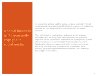 As an example, a global building supply company created an internal
                    social network that enabled over 20,000 of its employees to collaborate
                    with one another, expediting and improving things like product
A social business   launches.

isn‘t necessarily   They still needed to create policies and governance that support
                    employees who are using social media personally, set vision and
engaged in          objectives for the organization, and coordinate and improve a number
                    of internal practices to accommodate the increased connectivity.
social media.       Collaboration, dynamic engagement, policy creation, governance,
                    efficiency...this is certainly an organization evolving as a social
                    business, yet public engagement with social media isn’t currently a
                    focused part of their efforts.




                                                                                              11
 