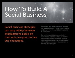 How To Build A
Social Business
Social business strategies   Almost any area of a business can become
                             the spark that ignites a social media initiative
can vary widely between      and turns it into the foundation for a social
                             business plan.
organizations based on       But whether social business begins in
their unique opportunities   marketing or customer service, or starts as
                             a holistic and organization-wide initiative,
and challenges.              there are specific areas that an organization
                             will need to address and evaluate as part of
                             shaping an overall plan.




                                                                                16
 