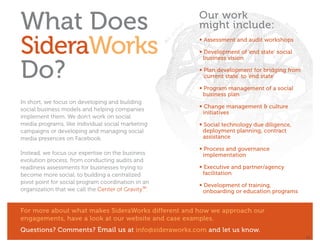 What Does                                           Our work
                                                    might include:

SideraWorks                                         • Assessment and audit workshops

                                                    • Development of ‘end state’ social 		
                                                    	 business vision


Do?                                                 • Plan development for bridging from 	
                                                    	 ‘current state’ to ‘end state’

                                                    • Program management of a social 		
                                                    	 business plan
In short, we focus on developing and building
                                                    • Change management & culture 		
social business models and helping companies
                                                    	initiatives
implement them. We don’t work on social
media programs, like individual social marketing    • Social technology due diligence, 		
campaigns or developing and managing social         	 deployment planning, contract
media presences on Facebook.                        	assistance

                                                    • Process and governance 				
Instead, we focus our expertise on the business     	implementation
evolution process, from conducting audits and
readiness assessments for businesses trying to      • Executive and partner/agency 			
become more social, to building a centralized       	facilitation
pivot point for social program coordination in an
                                                    • Development of training, 			
organization that we call the Center of Gravity™.   	 onboarding or education programs


For more about what makes SideraWorks different and how we approach our
engagements, have a look at our website and case examples.
Questions? Comments? Email us at info@sideraworks.com and let us know.
                                                                                             19
 