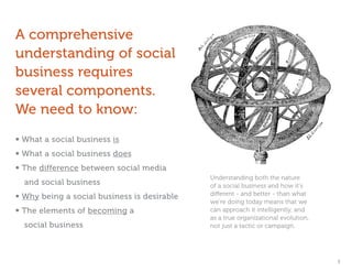 A comprehensive
understanding of social
business requires
several components.
We need to know:
• What a social business is
• What a social business does
• The difference between social media
                                             Understanding both the nature
	 and social business                        of a social business and how it’s
                                             different - and better - than what
• Why being a social business is desirable
                                             we’re doing today means that we
• The elements of becoming a                 can approach it intelligently, and
                                             as a true organizational evolution,
	 social business                            not just a tactic or campaign.




                                                                                   3
 