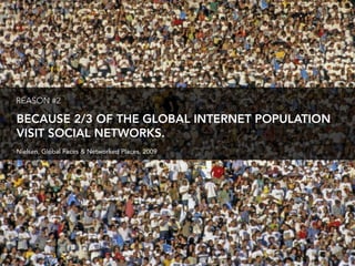 REASON #2

BECAUSE 2/3 OF THE GLOBAL INTERNET POPULATION
VISIT SOCIAL NETWORKS.
Nielsen, Global Faces & Networked Places, 2009
 